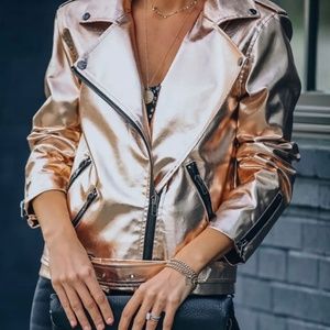 POCKETED METALLIC FAUX LEATHER MOTO JACKET